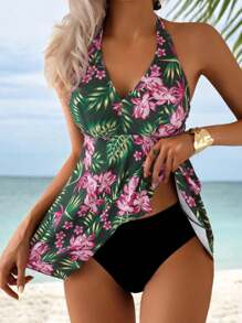 Swim Lushoire Women 2pcs Set Flower Random Print Halter Neck Modest Fashion Elegant Tankini Swimwear For Summer Beach Vacation - Green - View 3