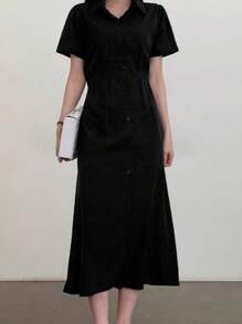 DAZY 休闲系腰长裙，女式纯色连衣裙太阳裙衬衫裙 - 黑色 - 查看 7