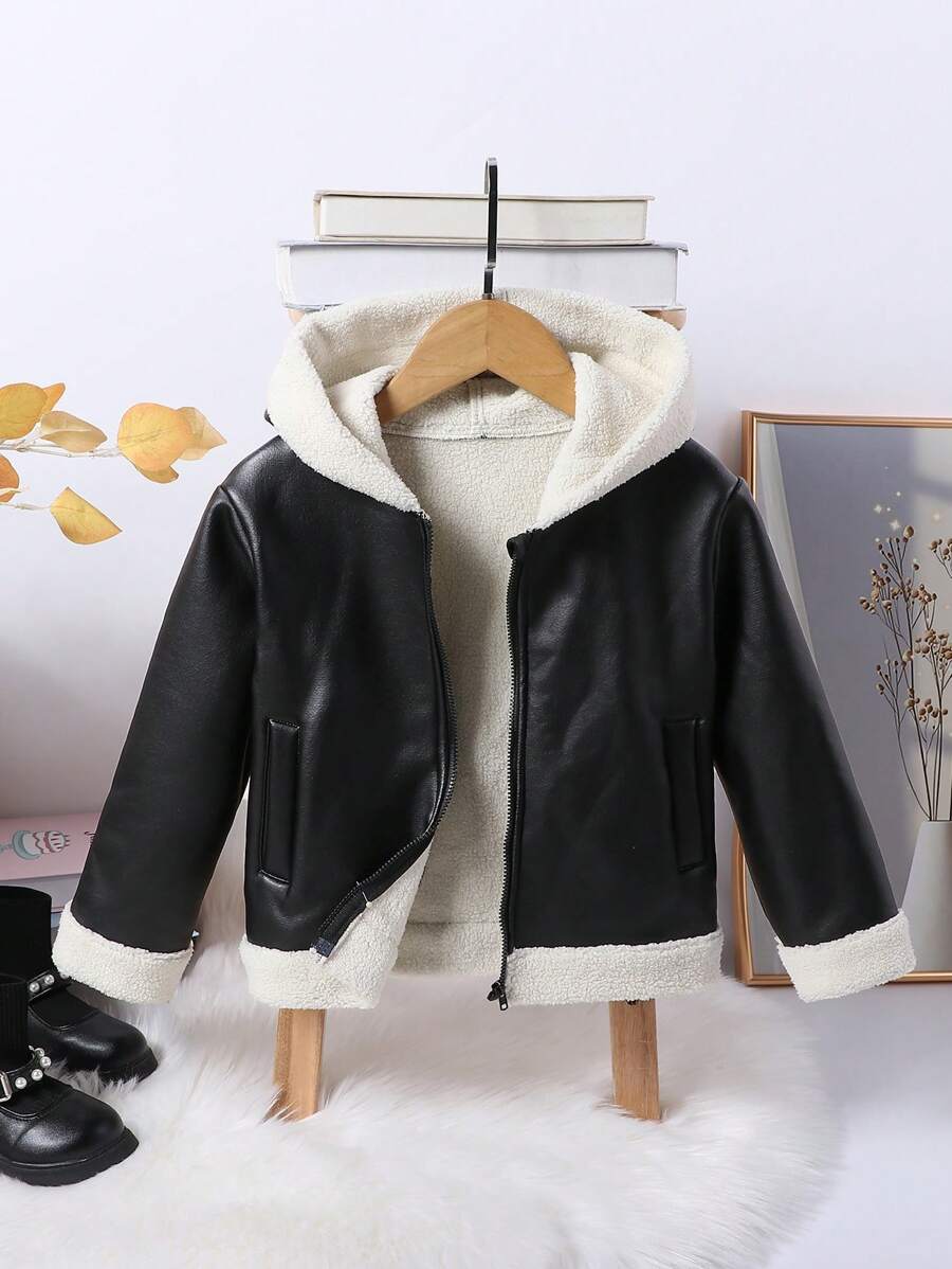 SHEIN Young Boy Casual Fashionable PU Leather & Furry Hooded Biker Jacket, Thick For Autumn Winter, Warm & Versatile, Stylish & Cool - Black - View 1