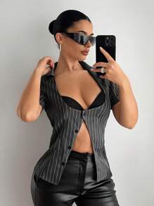 EgrlEra Women's Sexy Office Mermaid Striped Print Deep V-Neck Fitted Short Sleeve Blouse, Cowgirl Outfits For Women