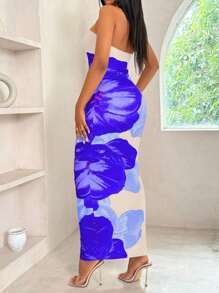 VaVaBold Women's Fitted Strapless Color Blocking Floral Print Elegant Fashion Dress Maxi Women Outfit