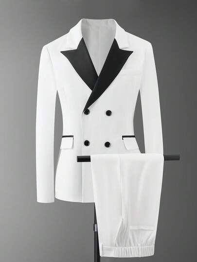 Calvornis Conjunto de traje de 2 piezas para hombre con chaqueta de solapa con doble botonadura y contraste de color y pantalones