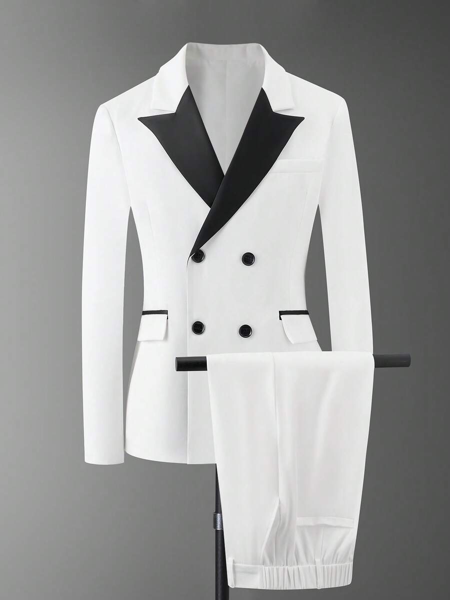 Calvornis 2 件套男士撞色翻领双排扣夹克和裤子西装套装 - 白色 - 查看 1