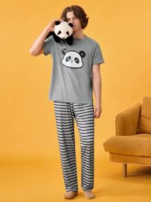 Happy Jammies 2pcs Men's Cartoon Panda Print Short Sleeve T-Shirt And Striped Pants Pajamas Set