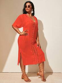 Swim Lushoire Vestido talla grande para cubrir traje de baño, de unicolor para vacaciones y playa - Naranja - Ver 4