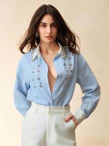 Anewsta Camicia maniche lunghe elegante, casual e da business, con design di primavera ed estate, realizzata artigianalmente con perline sulle unghie, con colore di contrasto blu e bianco versatile, stile chic e vecchio denaro