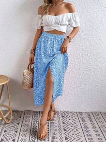 Breezaya 女士碎花纽扣设计松紧腰休闲中长裙 - 淺藍色 - 查看 3