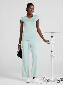 Scrubzie 1 set femeie cu decolteu în V cu mâneci crestate și pantaloni uniformă pentru scrub, culoare uni simplă