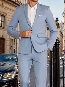 Manfinity Bizformal Men's Lapel Neck Long Sleeve Jacket And Pants Suit Set, For Business Travel