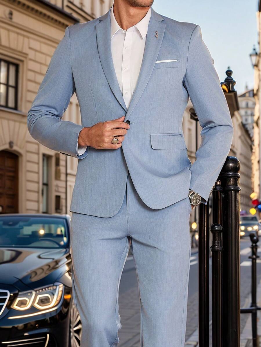 Manfinity Bizformal Men's Lapel Neck Long Sleeve Jacket And Pants Suit Set, For Business Travel