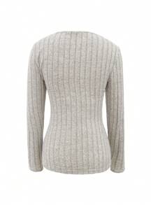 Women Contrast Lace Long Sleeve Ribbed Casual T-Shirt - Khaki - View 2