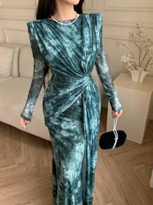 Feyla Vestido de manga larga de mujer con malla, moda minimalista adecuada para el verano - Verde - Ver 2