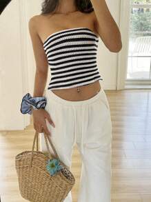 Sunnyshic Women's Lightweight Striped Backless Tube Top, Casual Vacation Daily Versatile, Spring/Summer - Black and White - View 5