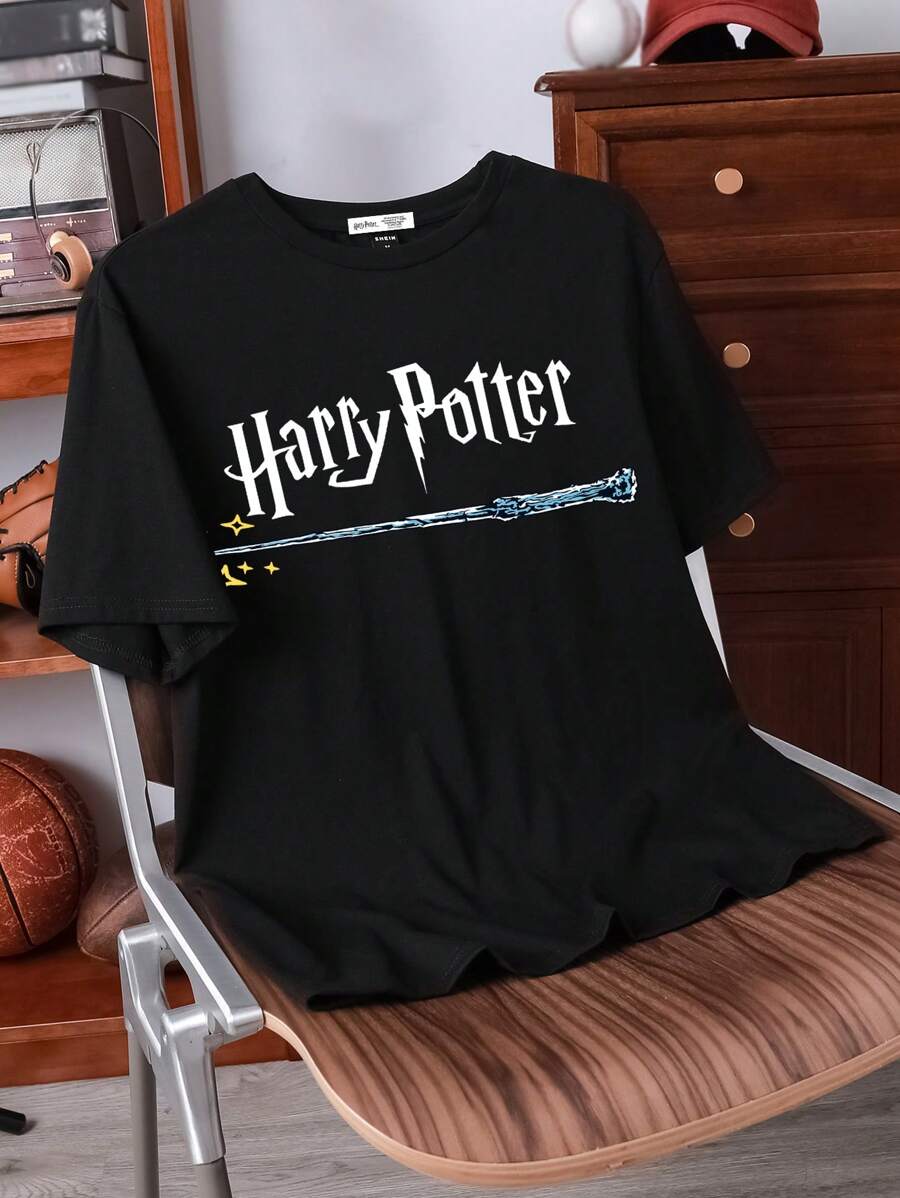 HARRY POTTER X SHEIN Men's Casual Letter & Magic Wand Print Short Sleeve T-Shirt, Summer