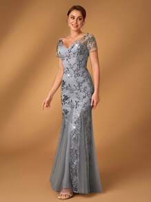 Serin Elegant Luxurious V-Neck Pearl Sequin Embroidery Lace & Mesh Mermaid Hem Dress, Suitable For Wedding, Party, Single Party, Vacation, Prom, Evening Gowns, Mother Of The Bride Dress - Dark Grey - View 4