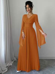 Elenzga Đầm Maxi Nữ Thanh Lịch Lãng Mạn Cổ Chữ V Tay Hở Xếp Ly Trang Phục Nữ - Màu Cam cháy - Xem 6