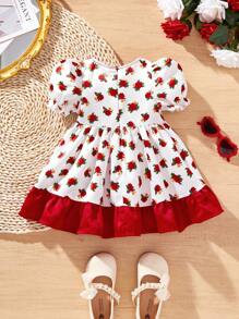SHEIN Babygirl 花卉印花拼色度假连衣裙，夏季 - 紅色 - 查看 2