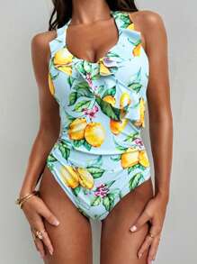 SHEIN Swim Lushore Women's Holiday Lemon Print Ruffle Neck One-Piece Swimsuit - Multicolor - View 6