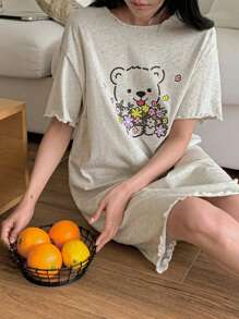 DAZY Camisón de mujer con estampado de oso de dibujos animados de manga corta, para invierno