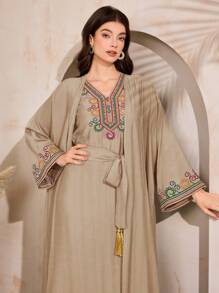 Al Najma Women's Sleeveless Dress And Abaya Robe Arabic Outfit, Modest Kaftan - Khaki - View 8