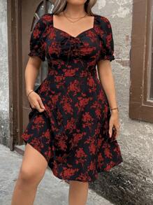 SHEIN Clasi 大码女式碎花 V 领短袖及膝连衣裙 - 紅色 - 查看 1