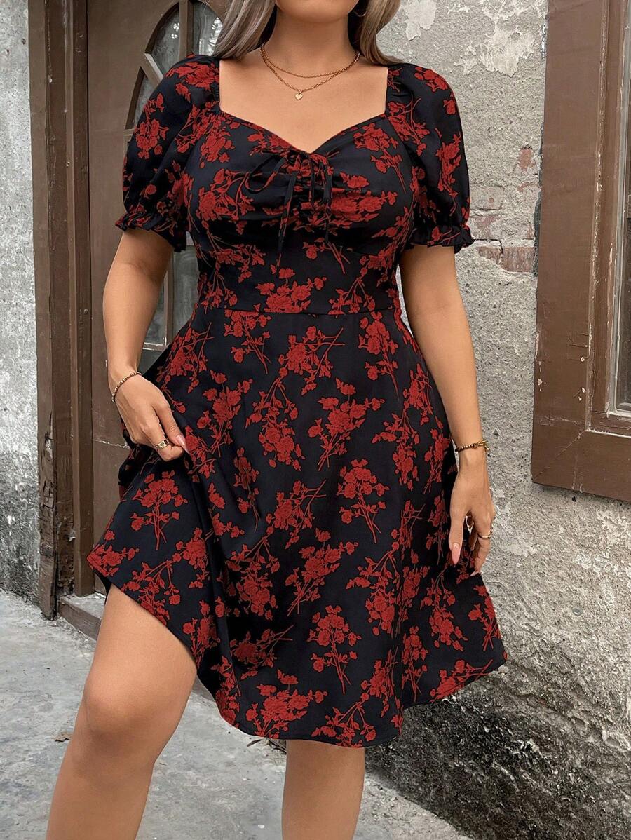 SHEIN Clasi 大码女式碎花 V 领短袖及膝连衣裙 - 紅色 - 查看 1