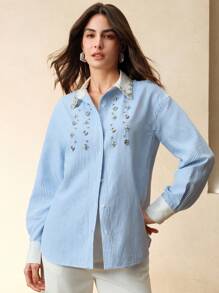 Anewsta Camicia maniche lunghe elegante, casual e da business, con design di primavera ed estate, realizzata artigianalmente con perline sulle unghie, con colore di contrasto blu e bianco versatile, stile chic e vecchio denaro