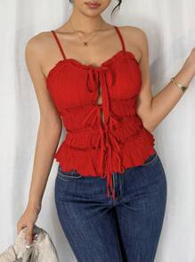 SHEIN Unity Women Elegant Spaghetti Strap Open Front Ruched Drawstring Bow Camisole Tank, Suitable For Vacation, Daily Wear, Sexy, Beach, Solid Color, 3D Fabric - Red - View 3