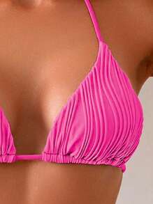 SHEIN Swim 女士夏季海滩纯色吊带比基尼上衣，特殊面料 - 玫紅色 - 查看 4