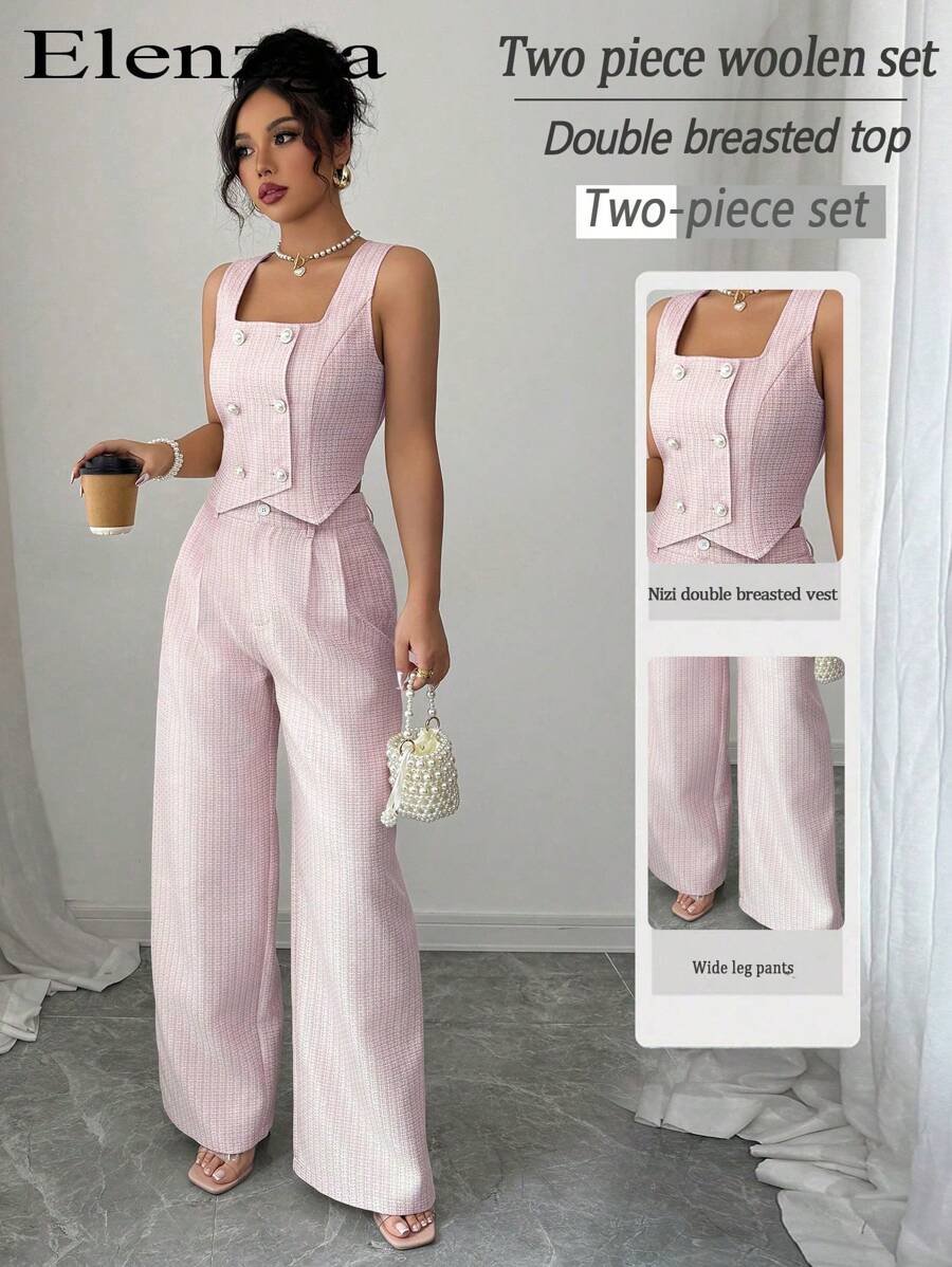 Elenzga Conjunto de 2 piezas elegante de chaleco de doble botonadura a cuadros y pantalones para mujer - Rosa - Ver 1