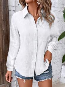 SHEIN LUNE 女士纯色落肩长袖单排扣口袋休闲衬衫 - 白色 - 查看 5