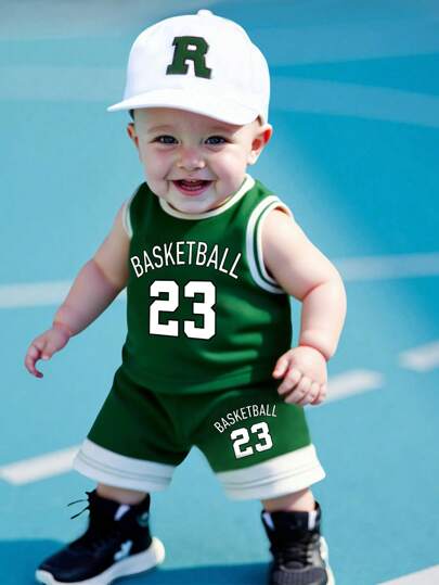 2 Pieces Baby Boy Set, Consisting Of A Printed Vest Top With A Sporty Textured Knit And Sporty Shorts. This Set Is Suitable For Summer And Is A Versatile Choice For Various Occasions, Including Sports, Vacations, Outings, Parties, School (If Relevant For Infants), And Daily Home Activities. It Serves As A Basic, All - Purpose Outfit In A Baby Boy's Summer Wardrobe.