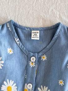 SHEIN Vintaside Kids 女婴连体休闲度假花卉图案 V 领连衣裙，适合夏季、户外度假 - 彩色 - 查看 4