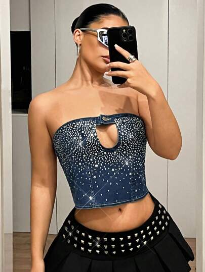 SHEIN ICON Y2k春夏出街星星亮片女装水钻缀饰牛仔抹胸短款上衣简约时尚适合夏季