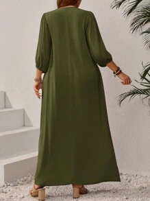 EMERY ROSE Plus Size Women Solid Color Tie Neck Lantern Sleeve Elegant Dress - Army Green - View 2