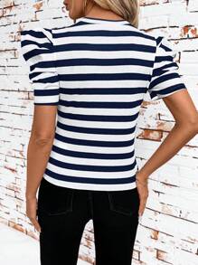 SHEIN Clasi 女士黑白条纹圆领泡泡袖修身T恤圆领T恤夏季女教师装女装 - 藏蓝色 - 查看 2