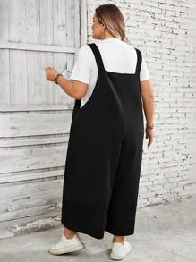 SHEIN CURVE+ Salopette nera oversize da donna con bretelleregolabili, chiusura con bottoni e tasche sulle gambe a spaceo, adatta per la primavera - nero - Visualizzare 2