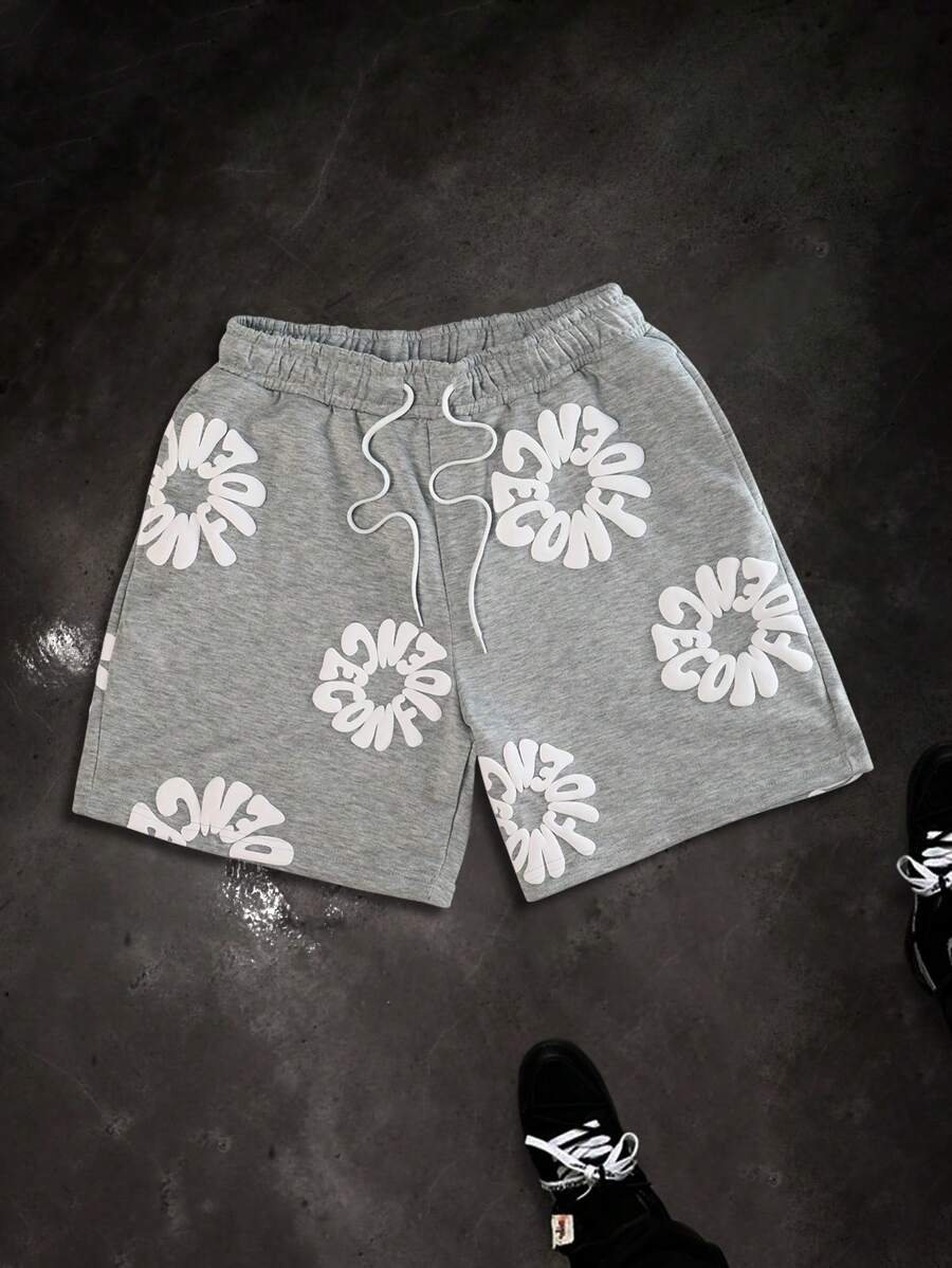 PAVTROS Manfinity Streetrush Men's Letter Print Drawstring Waist Pocket Casual Shorts - Light Grey - View 1