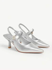 CUCCOO CHICEST Summer New Pearl & Rhinestone Pointed Toe Stiletto High Heel Retro Classic Elegant Metallic PU Leather Slip-On Pumps, Suitable For Commuting, Dating, Afternoon Tea And Party Occasions