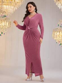 Modelyn Plus Size Women Twist Knot Waist Long Sleeve Bodycon Elegant Dress