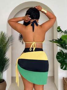 SHEIN Slayr CURVE 大码女式海滩度假巴西拼色三角比基尼上衣搭配高腰丁字裤和裹身纱笼三件套泳衣套装 - 黑色 - 查看 2