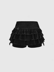 ROMWE Goth Vintage dunkelsamtige Shorts mit gerüschtem Saum, Schleifenvorderteil, blendfreie Damen