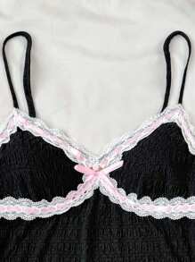 SHEIN Teen Girls Summer V-Neck Contrast Lace Dress With Bowknot Decorated Straps/Ballet Core/ Cute