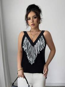Chiquease 1st Dames Sling Top met kwastjes en ongelijke zoom, vakantie retro print