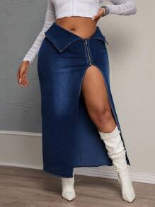 SHEIN SXY Plus Size Stretchy Denim Asymmetric Design Distressed Washed Long Skirt  Summer Outfits For Women Festival Outfits - Dark Wash - View 6