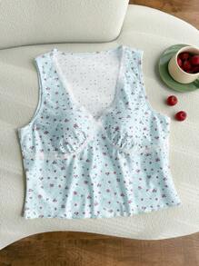 Comfortcana Camiseta de tirantes slim fit de encaje con estampado floral menudo para mujer de talla grande, para primavera/verano - Azul - Ver 2