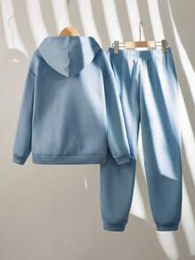 SHEIN Leap Crew 2 Pcs/Set Tween Boy Casual Pattern Hoodie And Sweatpants - Blue - View 2