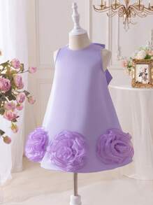 SHEIN 年轻女孩紫色编织纹理花卉 3D 圆领无袖修身连衣裙，优雅，婚礼，花童，大蝴蝶结，珍珠，蝴蝶结后背 - 紫色 - 查看 5
