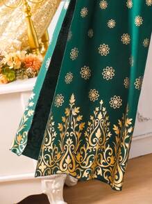 SHEIN Gaun Lengan Panjang Berpotongan V untuk Remaja Perempuan, Cocok untuk Liburan - Dark Green - View 6