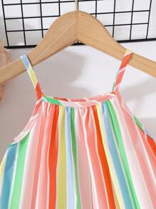 SHEIN Baby Girl Summer Korean Casual Cute Multi-Color Stripe Print Woven Dress